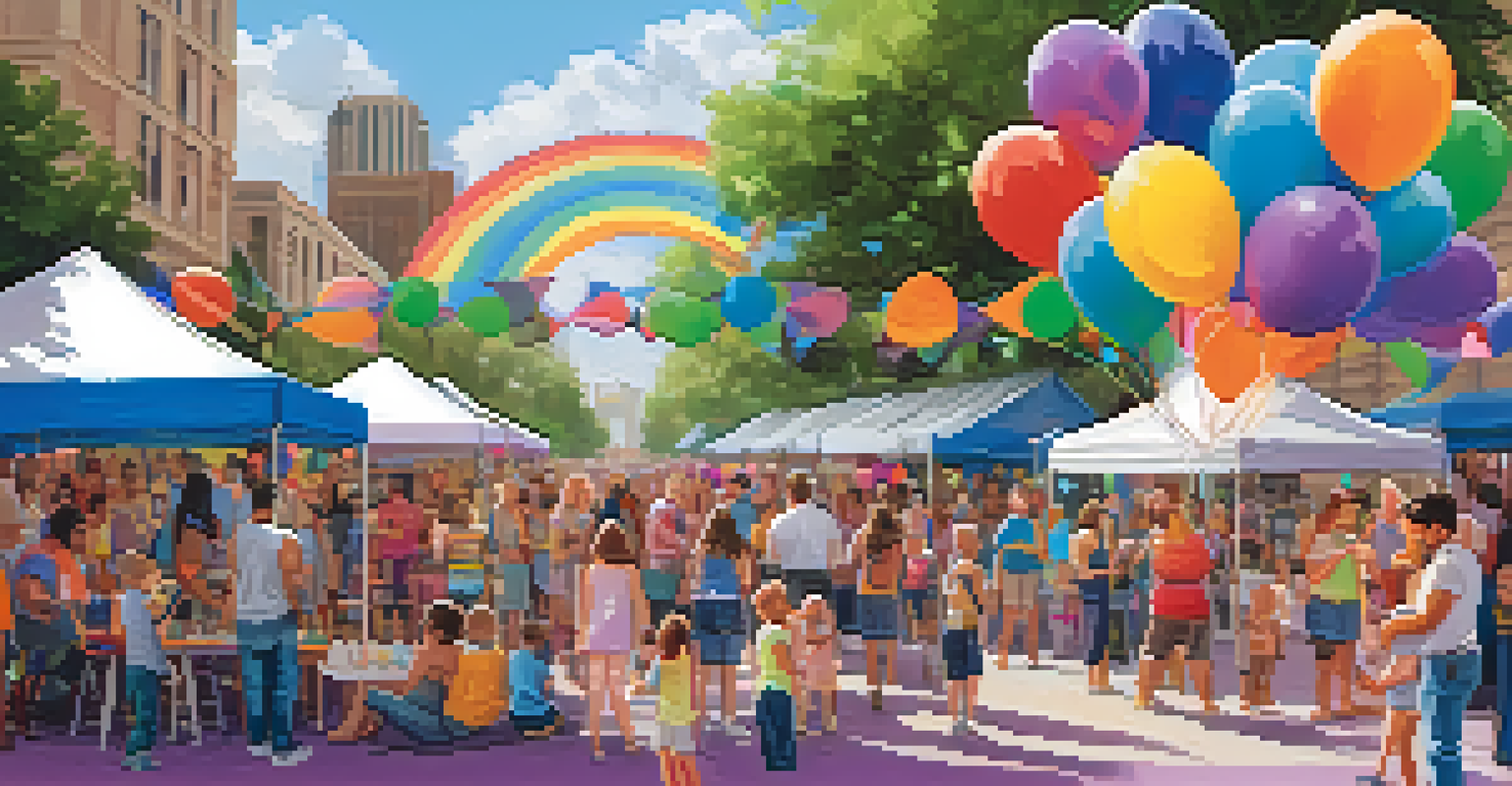 Families enjoying various activities at a Pride Festival, including face painting and crafts, surrounded by colorful balloons and rainbow decorations.