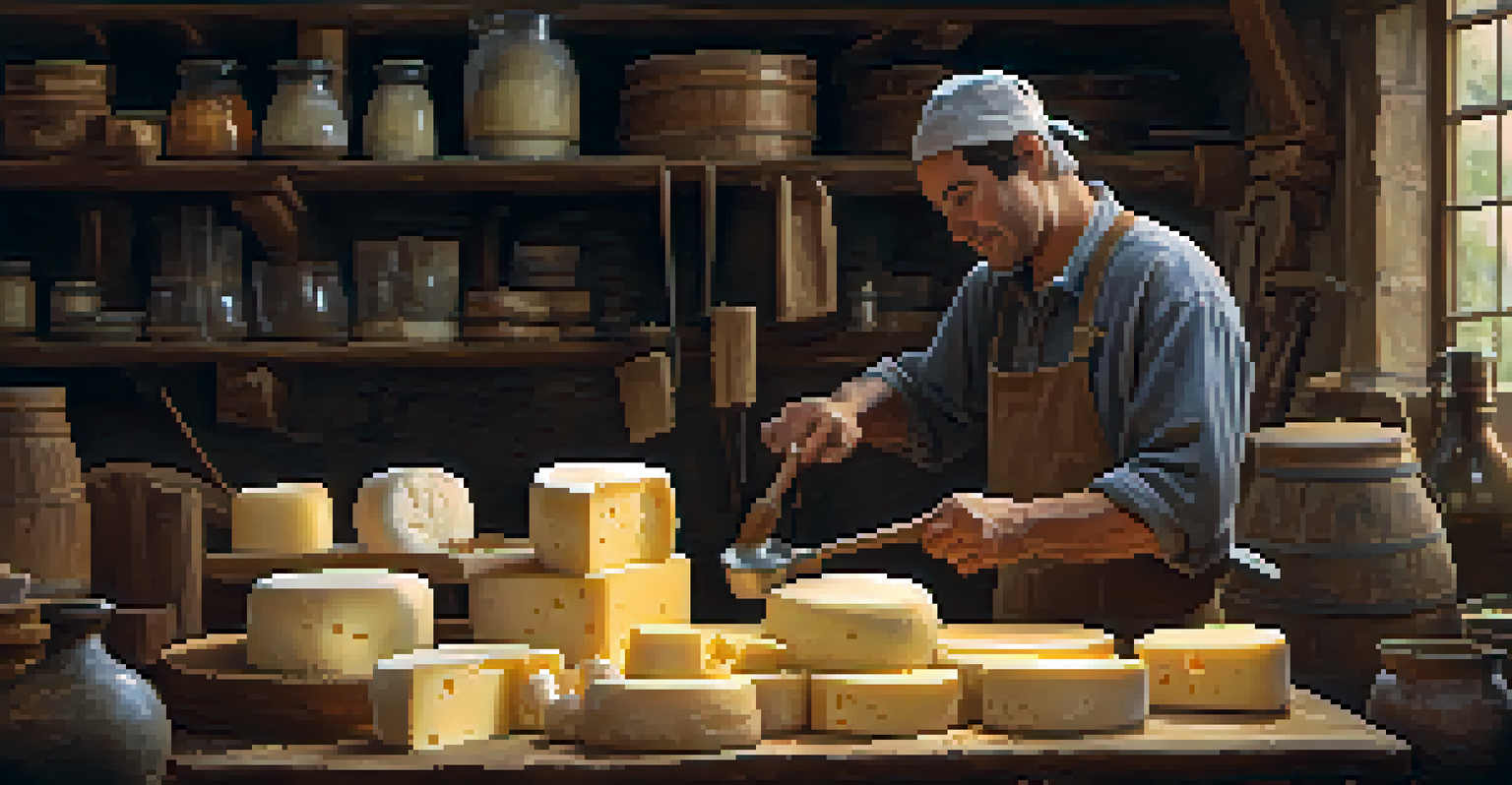 An artisan cheese maker working in a cozy workshop surrounded by aging cheeses and cheese-making tools.