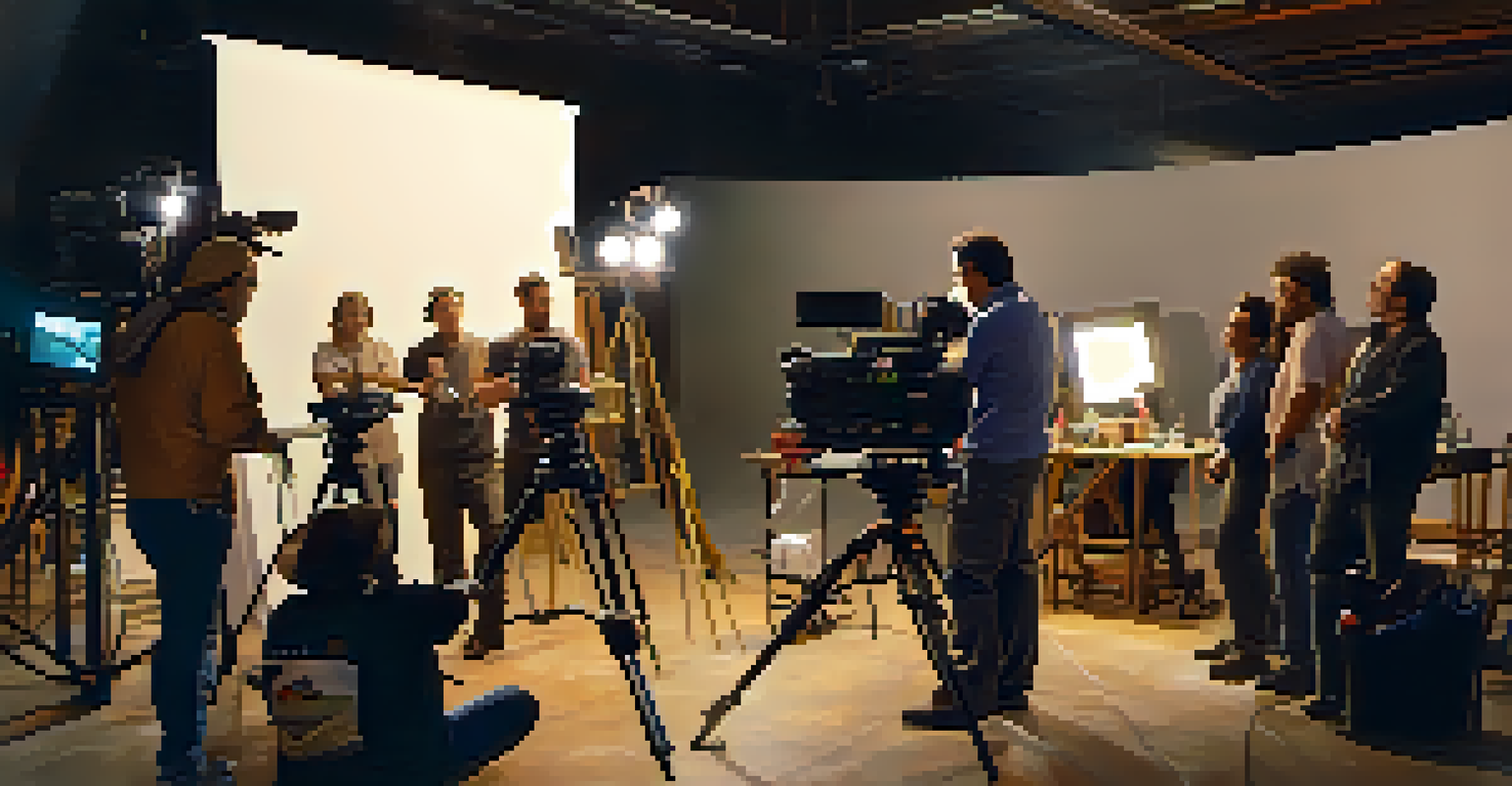 A film set in Austin with a diverse crew, including a director giving instructions, cameras, and lighting equipment, showcasing collaboration.