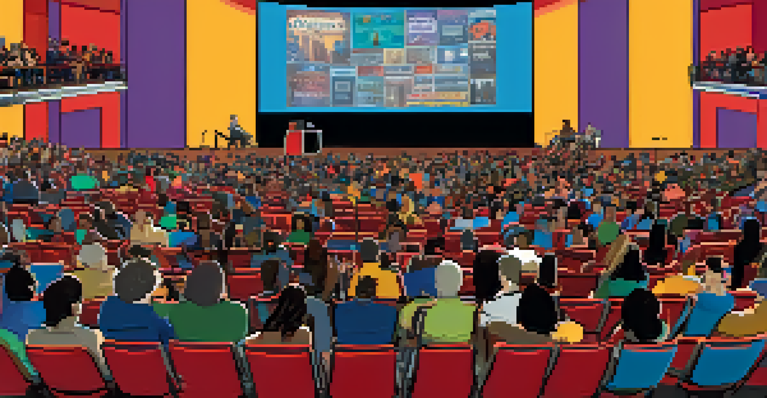 An engaging film festival scene in Austin, with filmmakers on stage and an audience participating in a Q&A session, surrounded by colorful film banners.