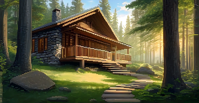 A serene cabin in a forest, surrounded by trees and sunlight, with a yoga mat on the grass.
