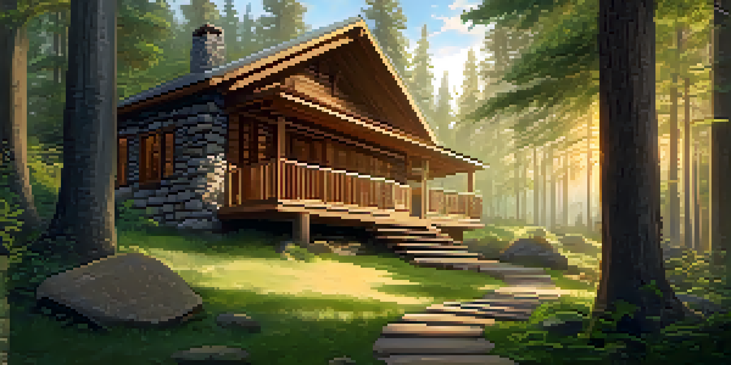 A serene cabin in a forest, surrounded by trees and sunlight, with a yoga mat on the grass.