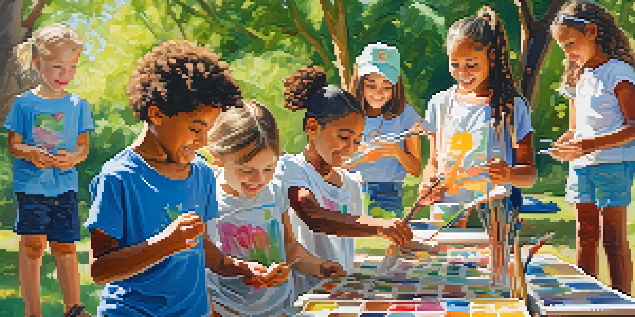 Children participating in an outdoor art camp, painting and sculpting in a sunny environment.