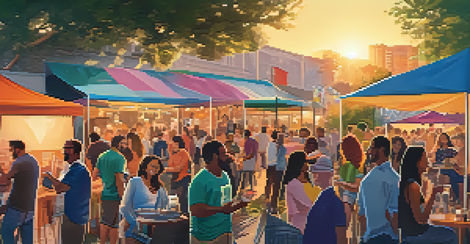A vibrant outdoor networking event in Austin with diverse entrepreneurs mingling, colorful startup banners, and food trucks in the background.