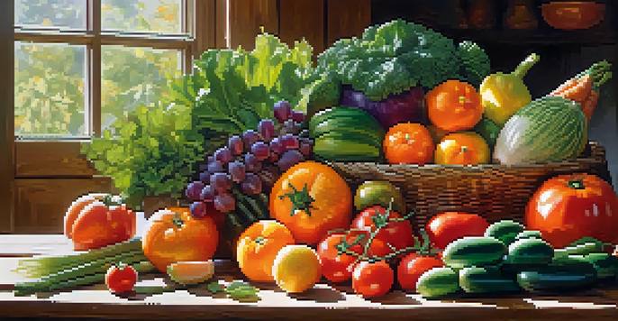 A colorful assortment of fresh fruits and vegetables on a wooden table, illuminated by sunlight.