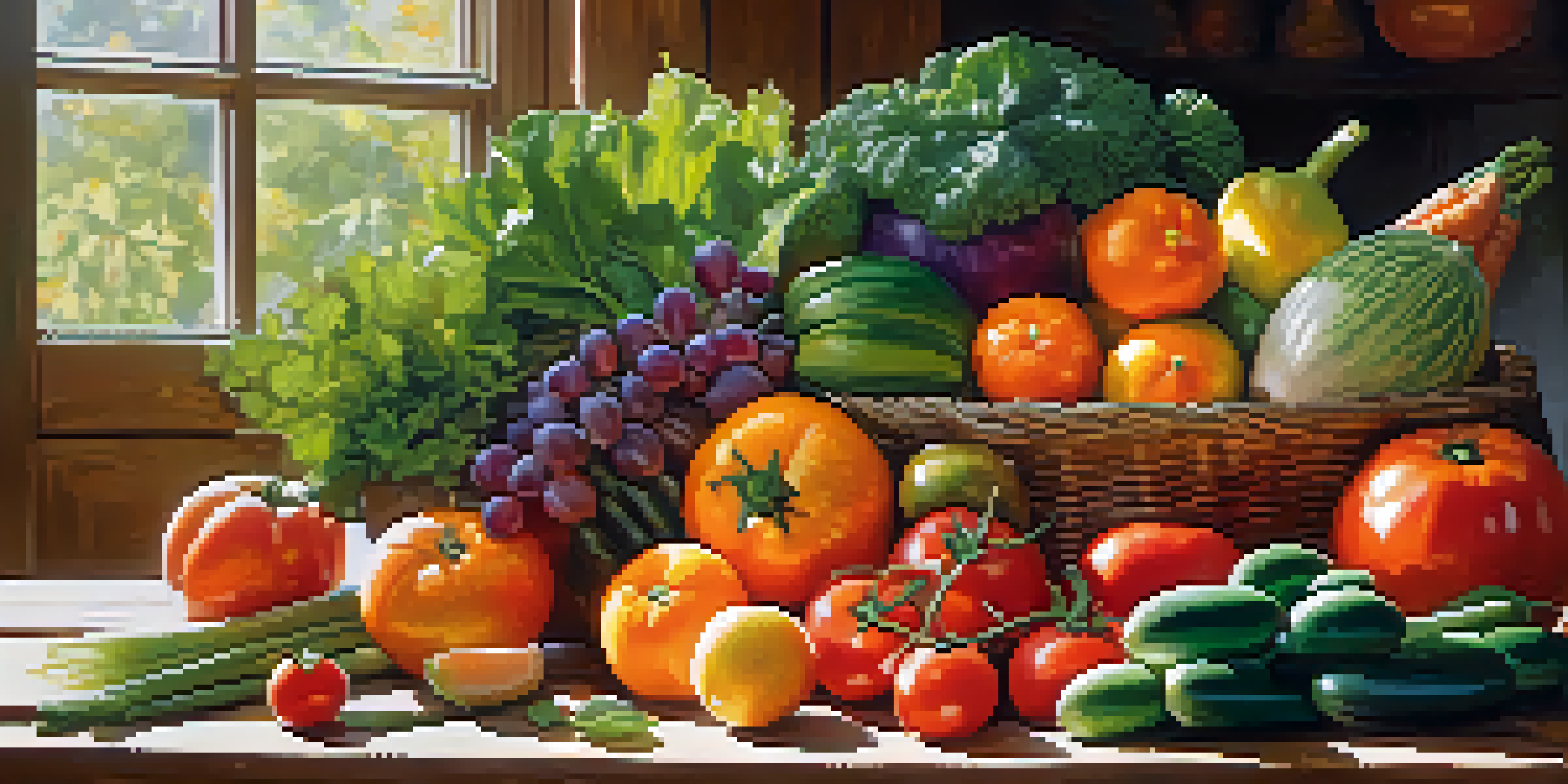 A colorful assortment of fresh fruits and vegetables on a wooden table, illuminated by sunlight.