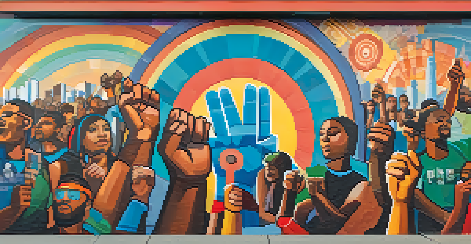 A close-up of a vibrant mural depicting themes of social justice with raised fists and peace signs against a cityscape backdrop illuminated by evening light.