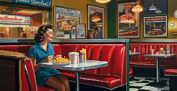 A woman sitting in a cozy booth at a retro diner, enjoying a plate of fries and a milkshake, with warm lighting and vintage decor around her.