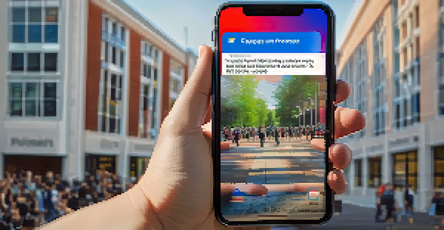A close-up of a student's hand holding a smartphone with a social media post about a campus protest, with a university building blurred in the background.