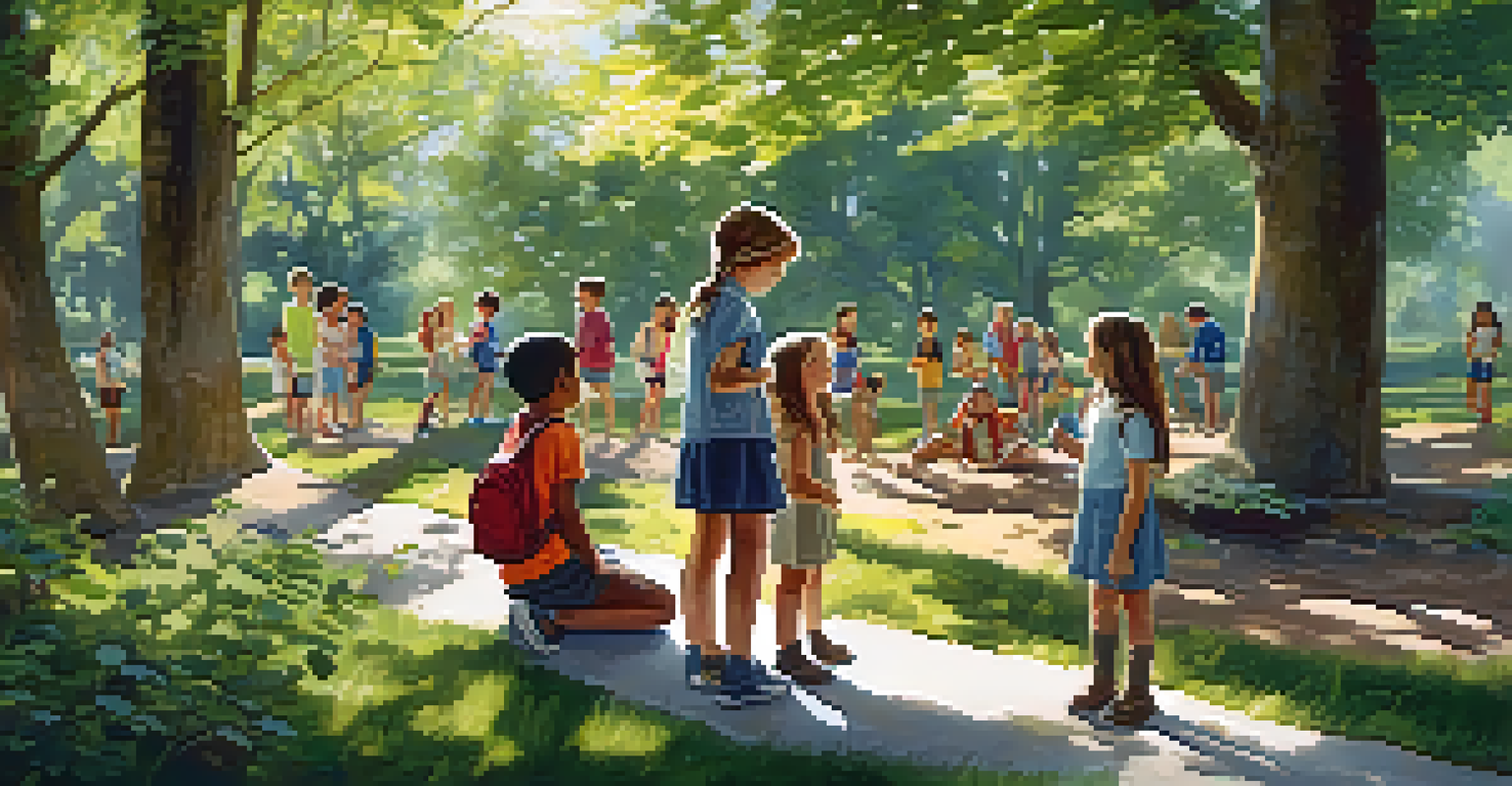 Children exploring nature in a park, guided by a mentor, with sunlight filtering through the trees.