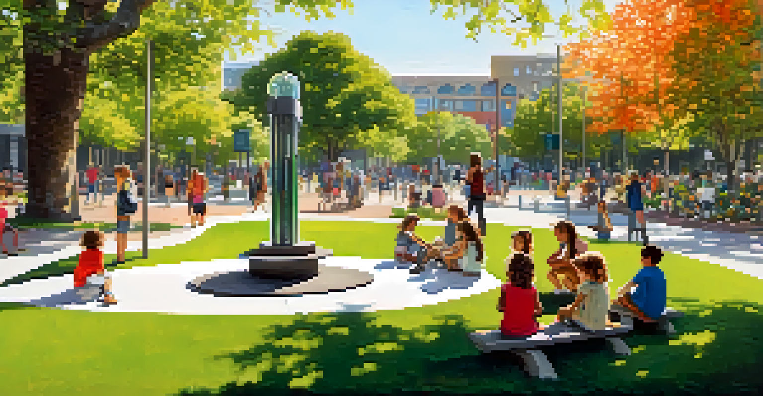 An artistic sculpture made from recycled materials in a park, with children and people enjoying the sunny day around it.