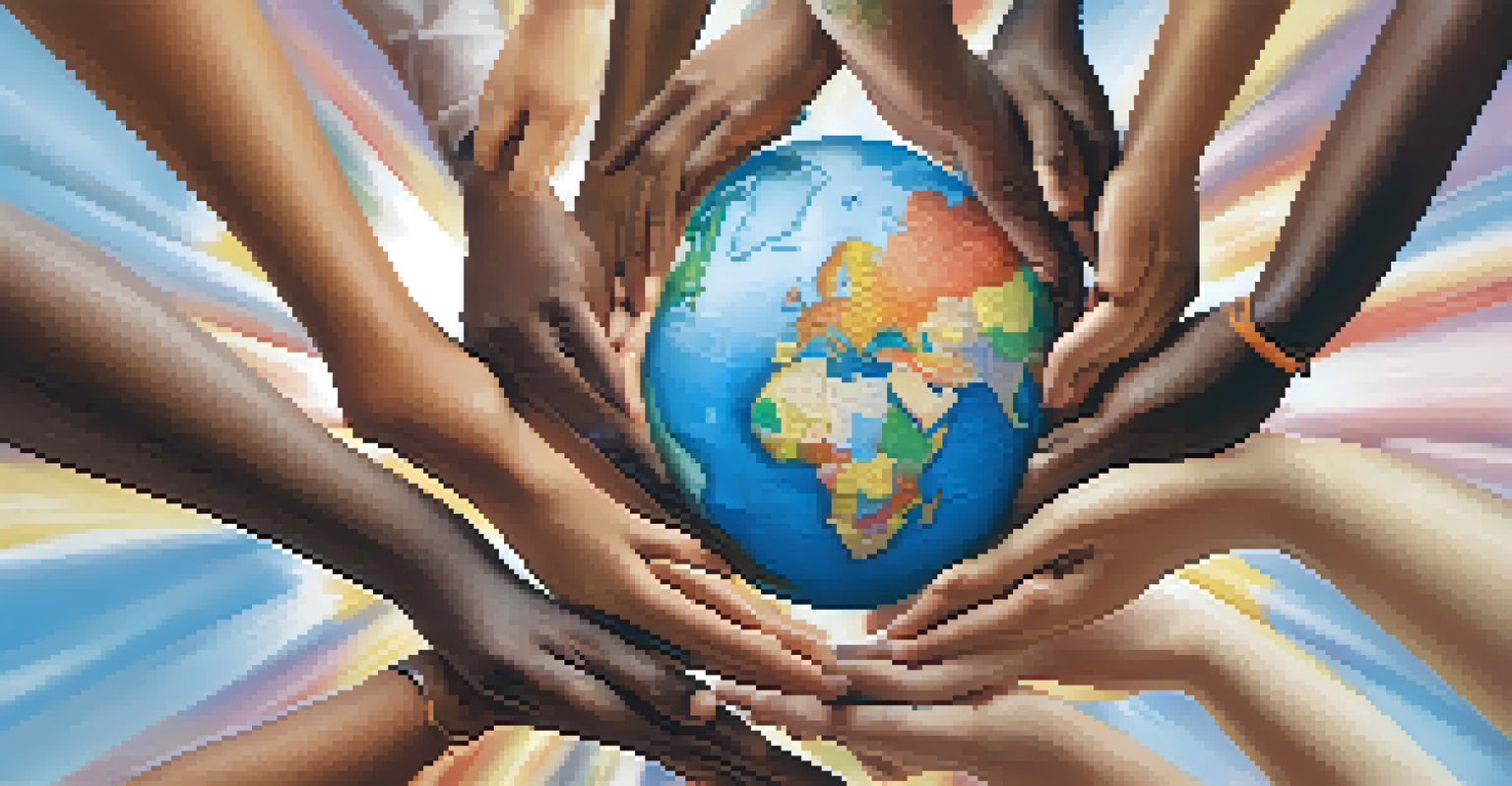 Hands of different ethnicities holding a heart-shaped globe, symbolizing unity and volunteerism.