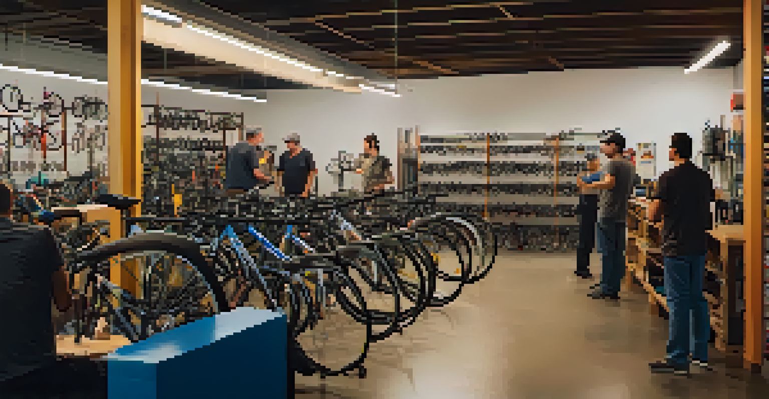 Cyclists participating in a maintenance workshop at a bike shop in Austin, surrounded by bikes and cycling gear.