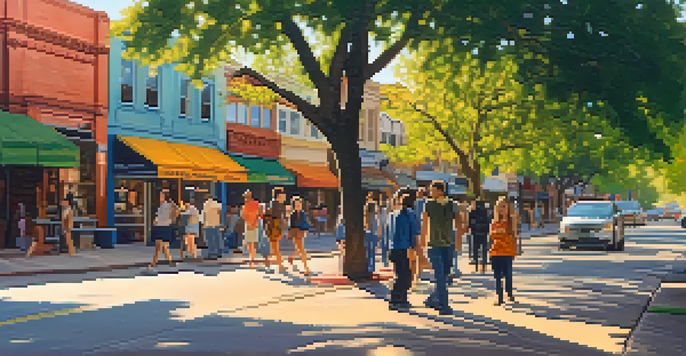 A bustling city street in Austin, Texas, filled with pedestrians of various backgrounds walking along a tree-lined sidewalk with colorful storefronts.
