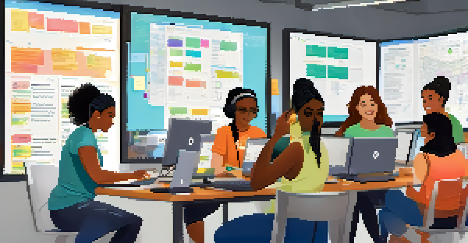 A diverse group of women engaging in a coding workshop, collaborating at computers, with a mentor guiding them in an energetic and inclusive environment.
