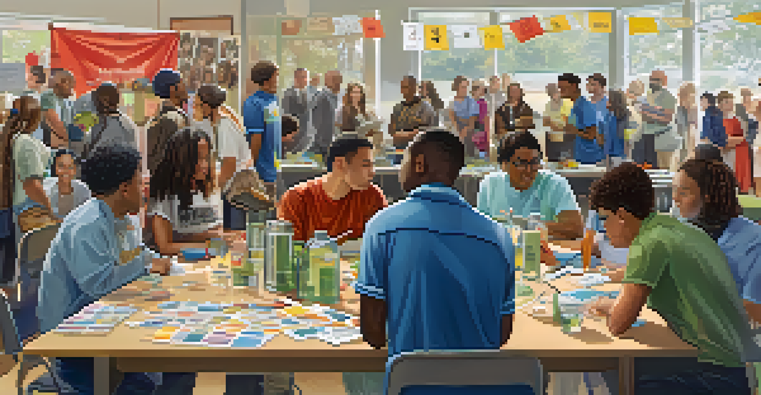 Students and faculty collaborating with community members at an engagement event, working together on research projects with banners promoting social innovation.