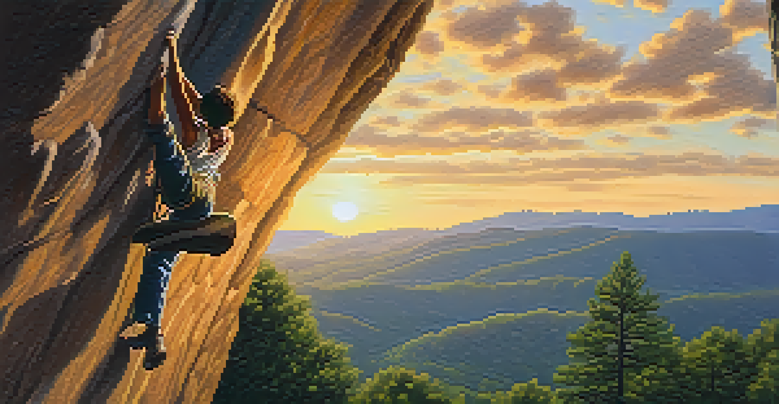 A teen climbing a rocky cliff with a sunset in the background, surrounded by trees and hills.