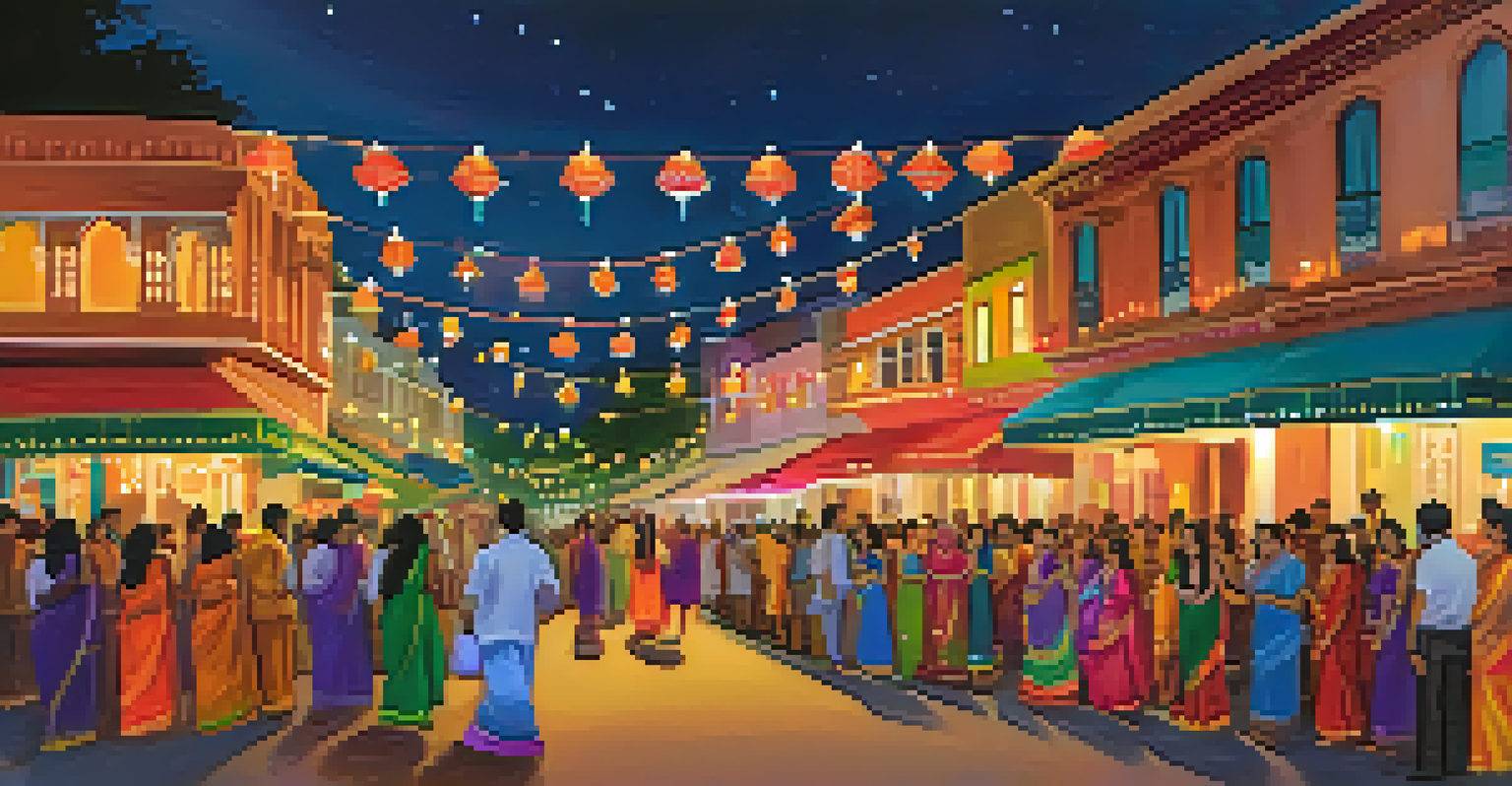 A street illuminated with colorful lights and candles during the Diwali Festival, with people in traditional attire enjoying the festivities.