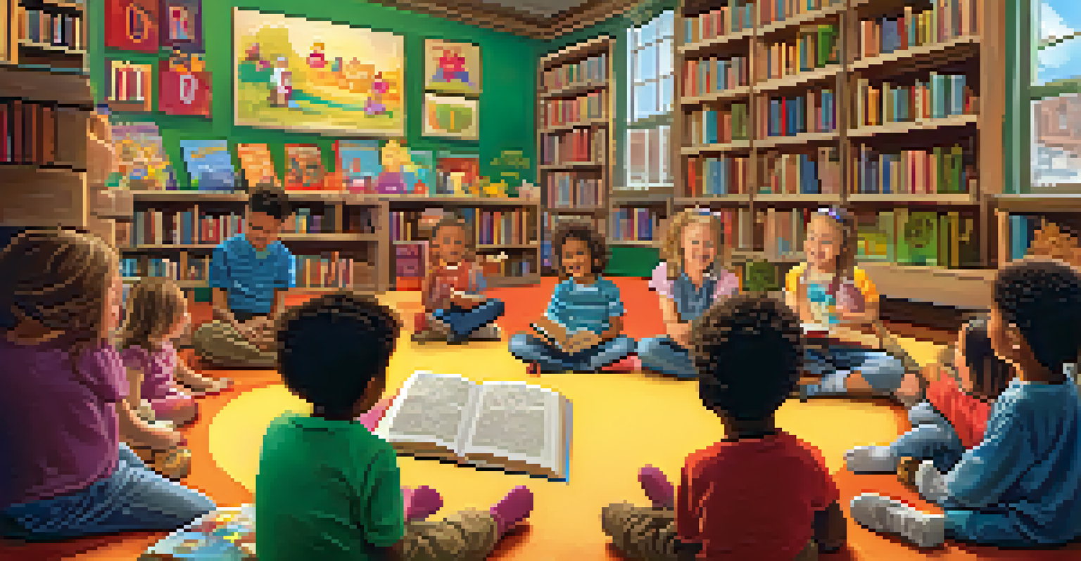 A storyteller reading to children during a storytime session in a vibrant bookstore, with engaged kids and joyful parents.
