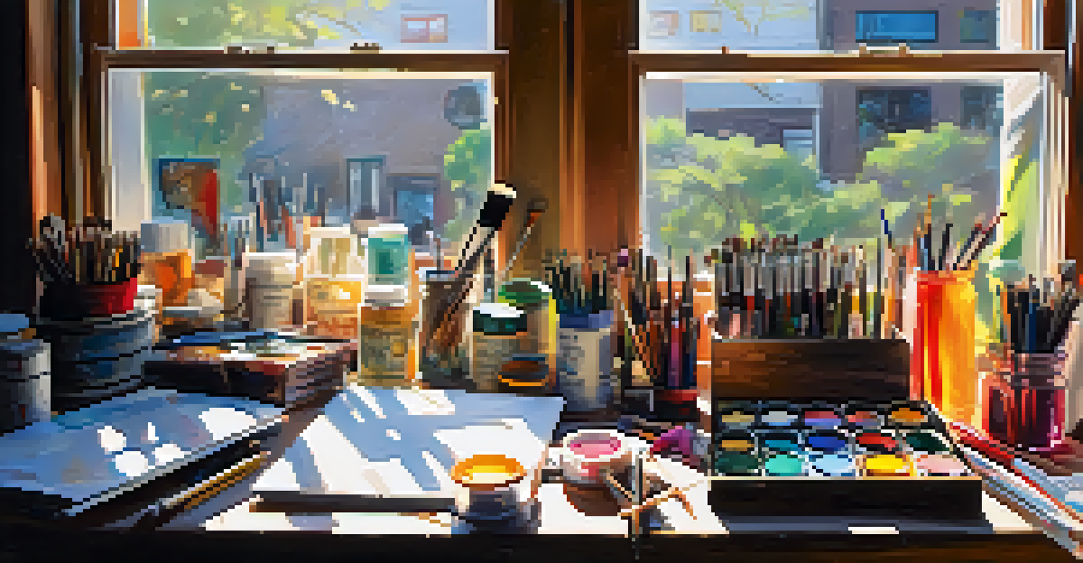 An artist's studio workspace with art supplies and sunlight illuminating the creative space.