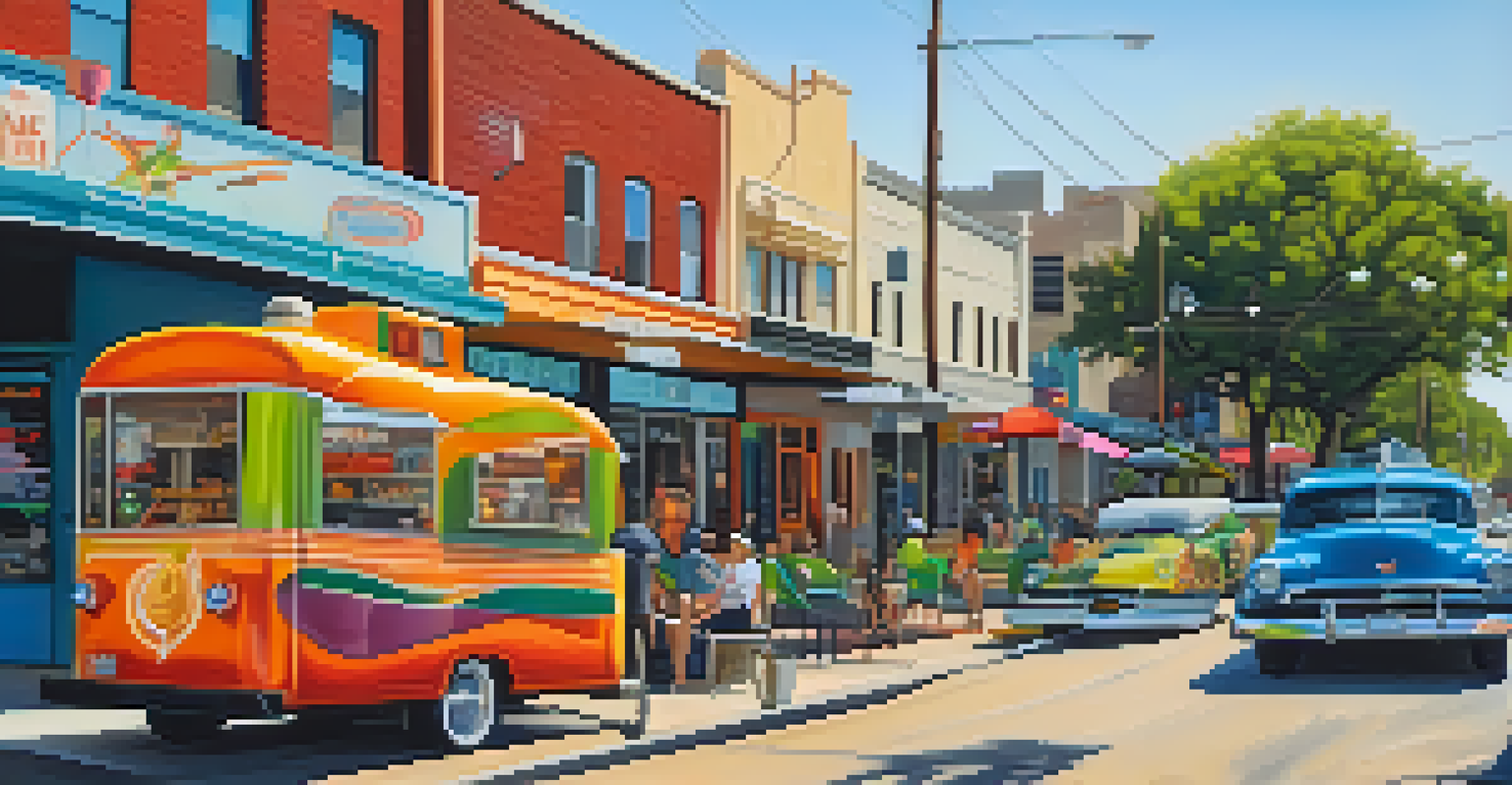 A lively street in South Congress District with mid-century modern buildings, street art, and food trucks under bright sunlight.