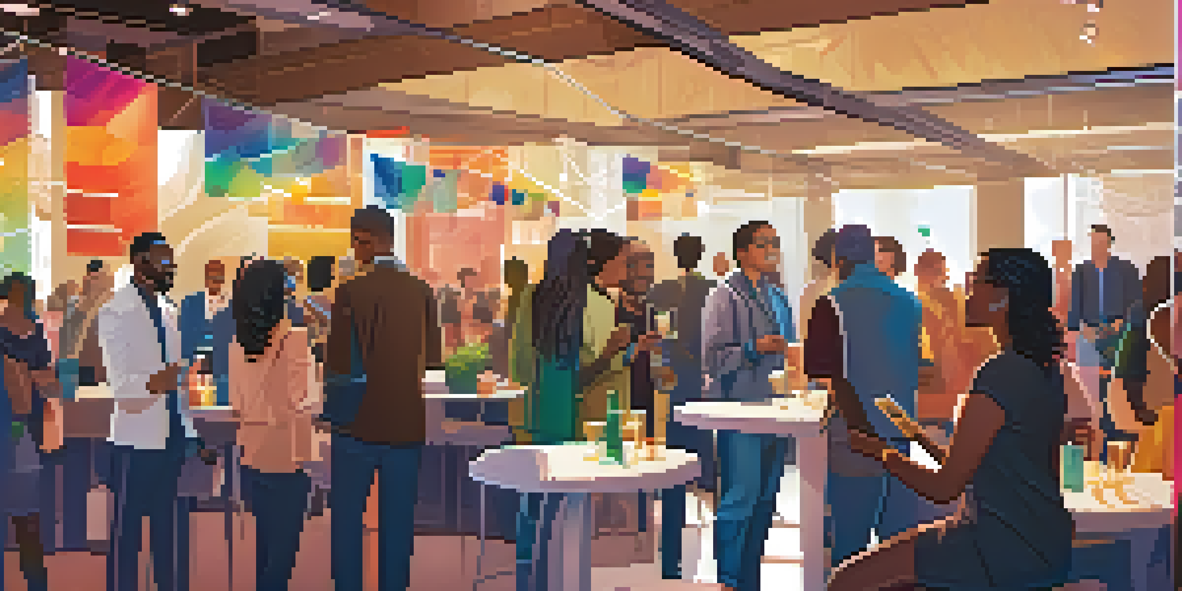 A lively networking event with diverse tech professionals interacting in a warm, inviting setting.