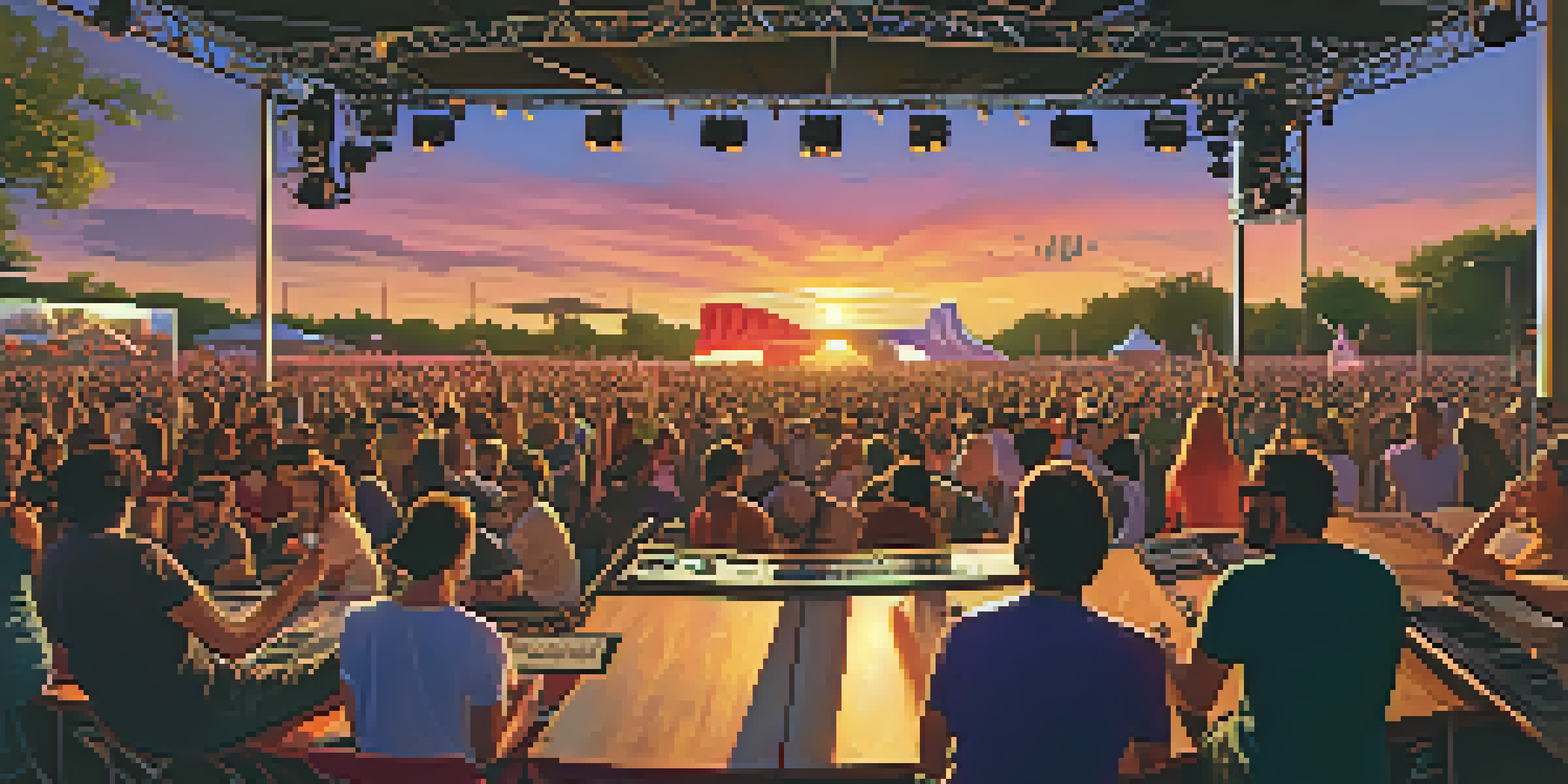 A lively outdoor music festival in Austin with a diverse crowd enjoying performances at sunset.