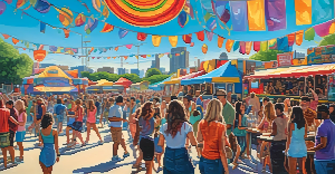 A lively festival scene in Austin with food trucks and crowds enjoying music, colorful decorations, and art installations.