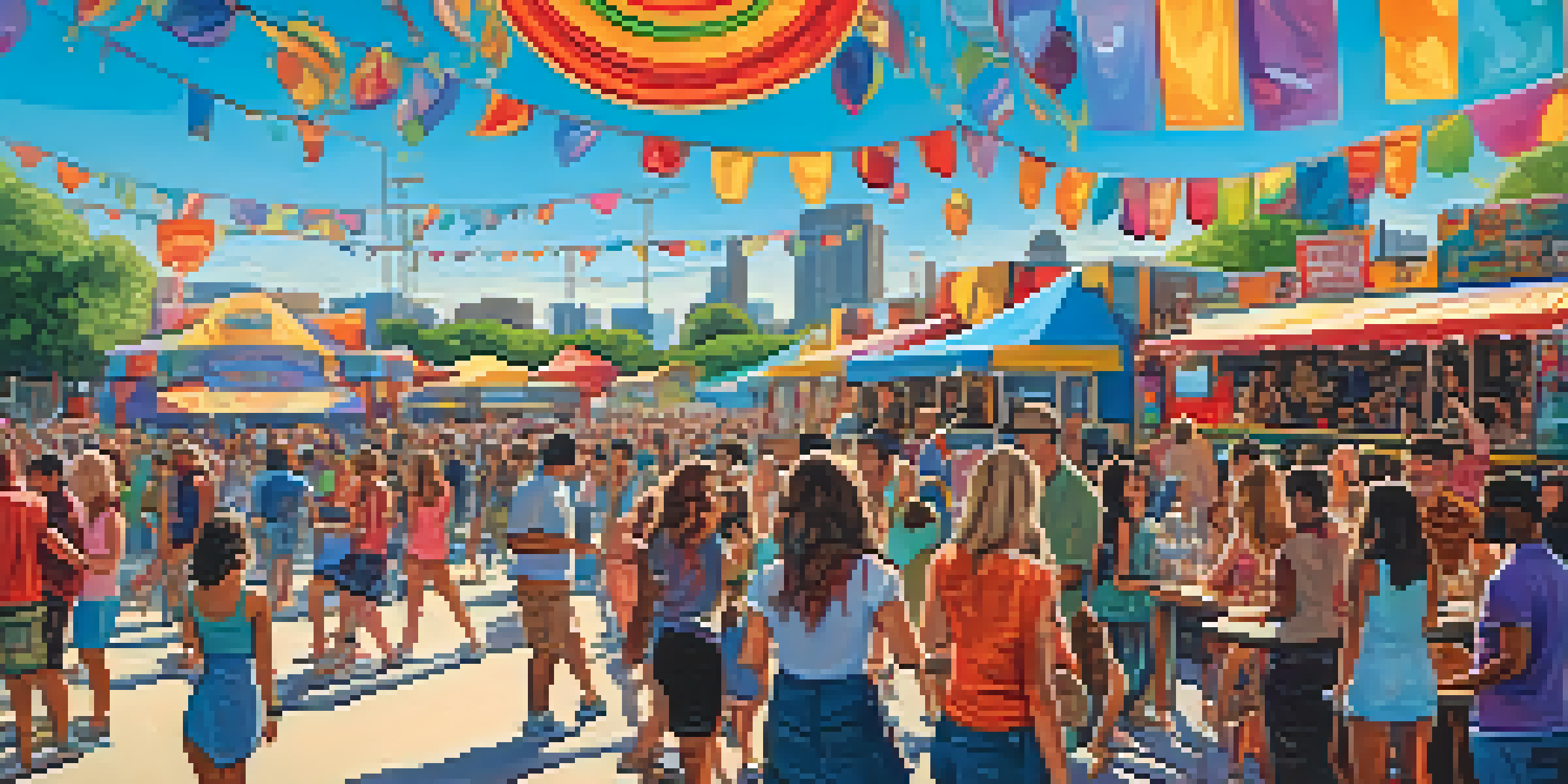 A lively festival scene in Austin with food trucks and crowds enjoying music, colorful decorations, and art installations.