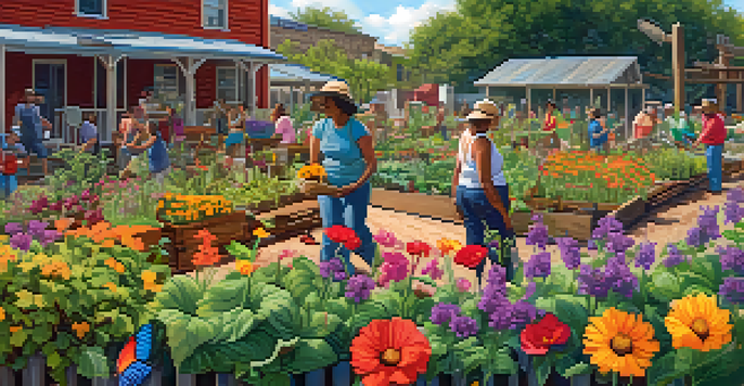 A lively community garden with diverse people working together among colorful plants and flowers under the afternoon sun.