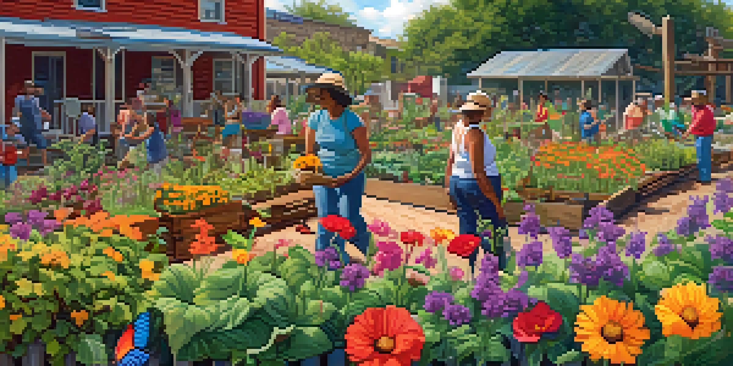 A lively community garden with diverse people working together among colorful plants and flowers under the afternoon sun.