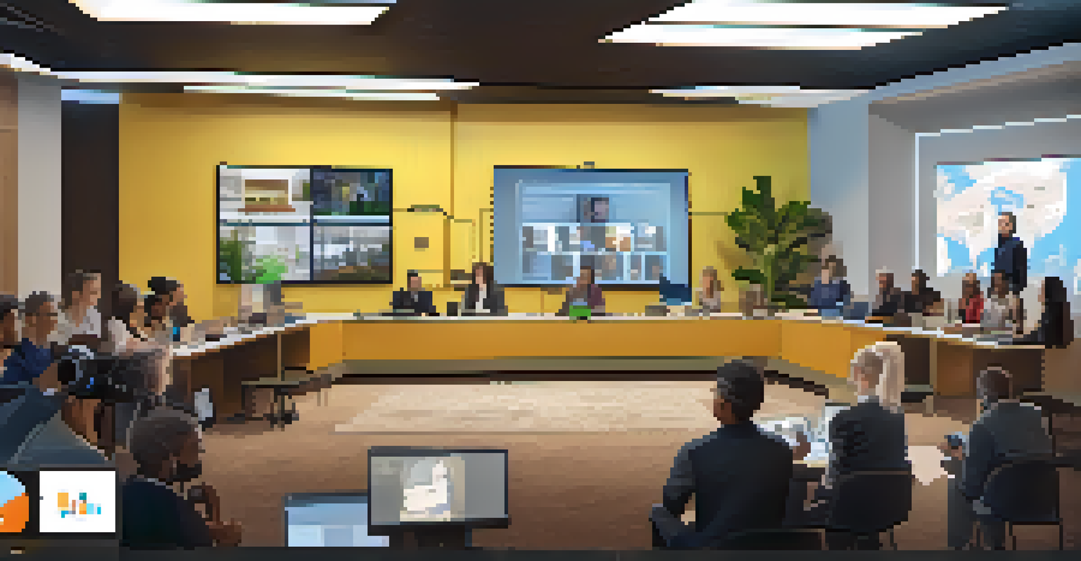 A virtual public meeting setup showing diverse participants discussing urban planning from their homes, with interactive elements on the screen.