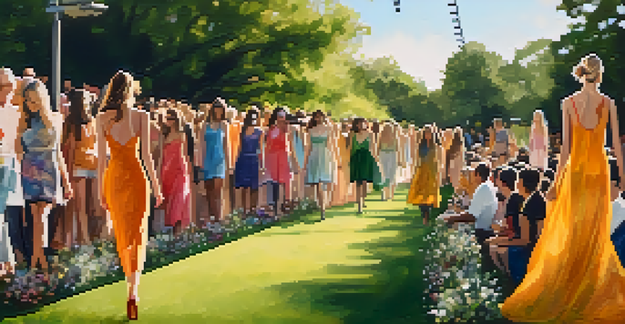 An outdoor eco-fashion show in Austin with models showcasing sustainable clothing made from organic materials, surrounded by greenery and colorful flowers.