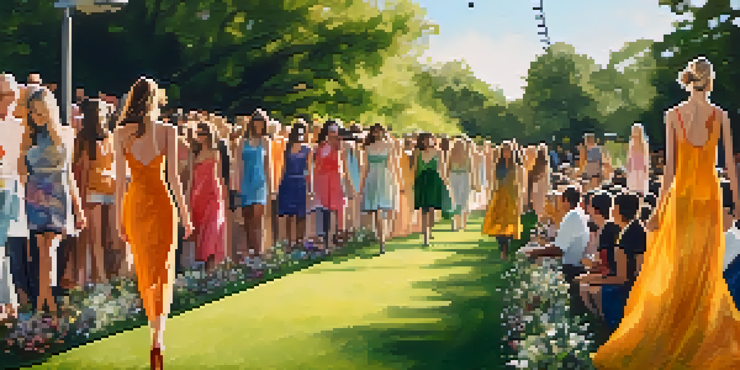 An outdoor eco-fashion show in Austin with models showcasing sustainable clothing made from organic materials, surrounded by greenery and colorful flowers.