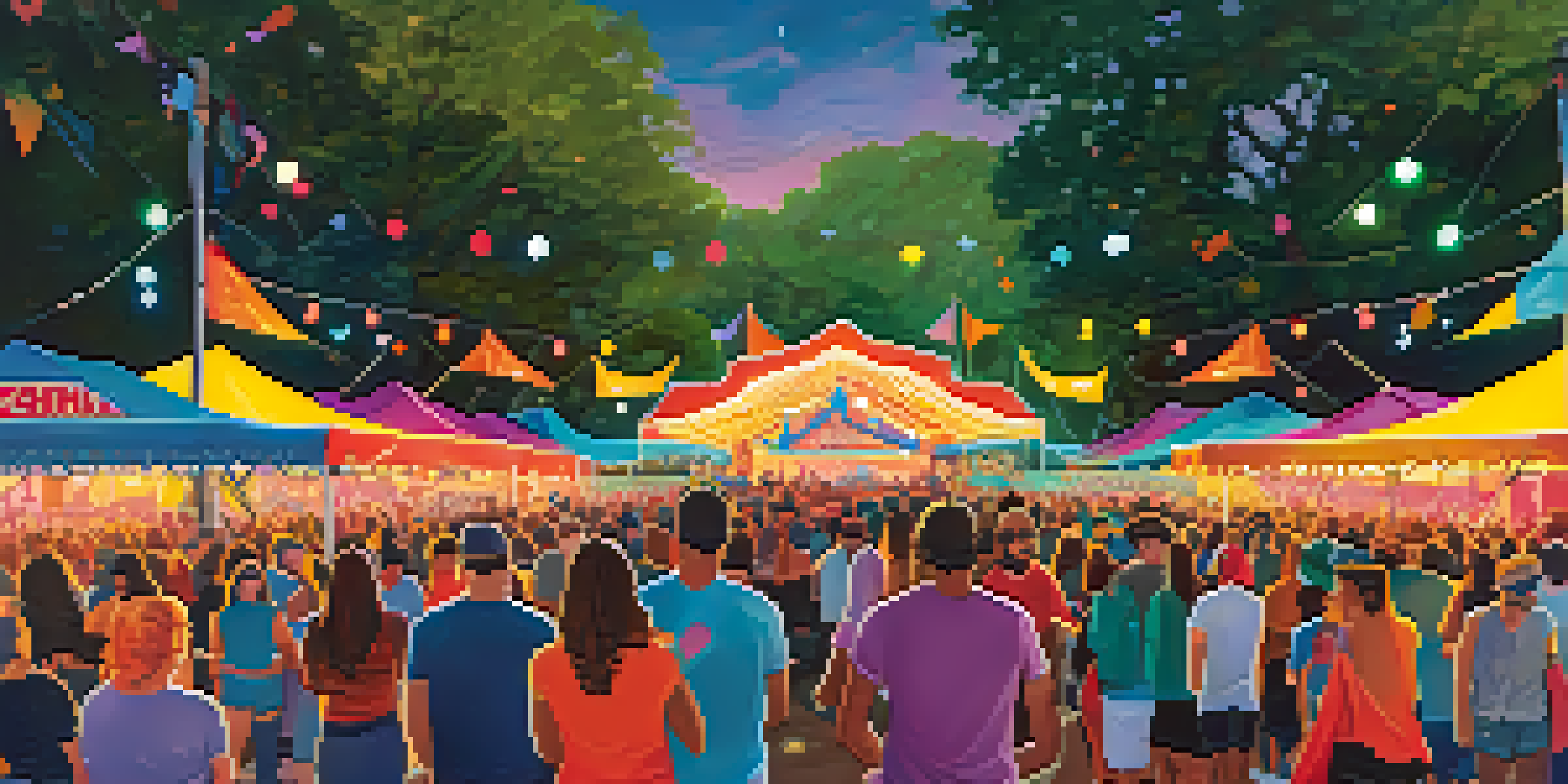 A lively outdoor music festival in Austin's Zilker Park with a diverse crowd, colorful stage, and food trucks.