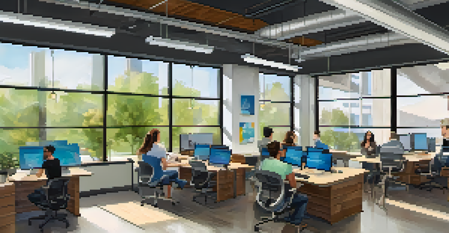 An interior of a startup incubator in Austin with young professionals working together at shared desks, surrounded by modern decor and natural light.