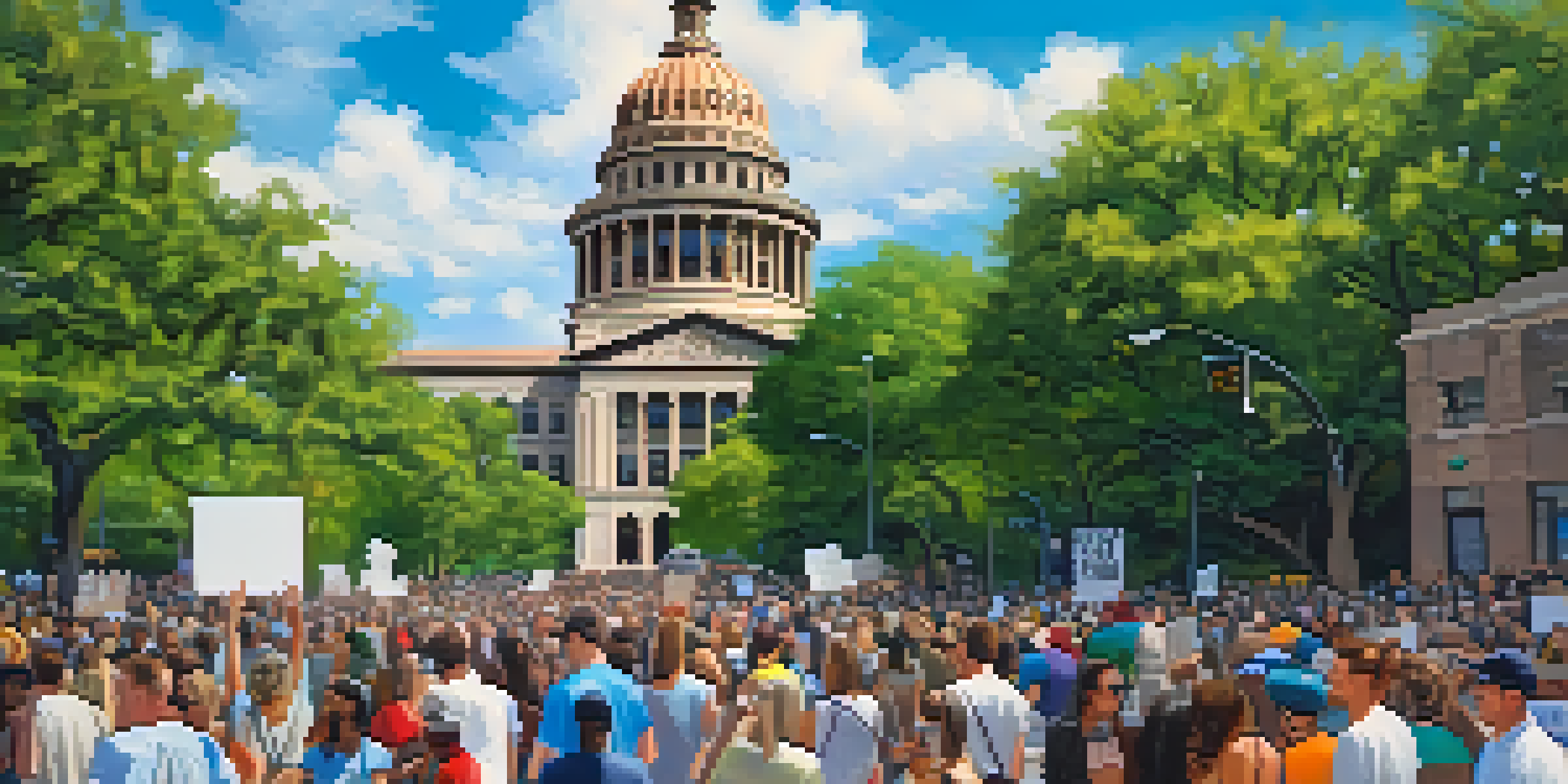 A colorful street scene in Austin, Texas, with the Texas State Capitol in the background and a diverse group of people peacefully protesting.