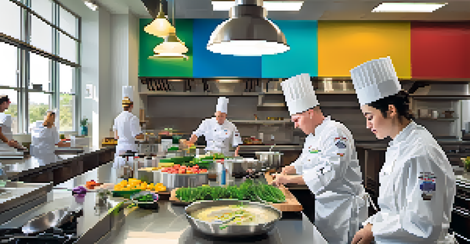 A lively cooking classroom in Austin with students in chef uniforms working together, surrounded by colorful ingredients and bright kitchen equipment.