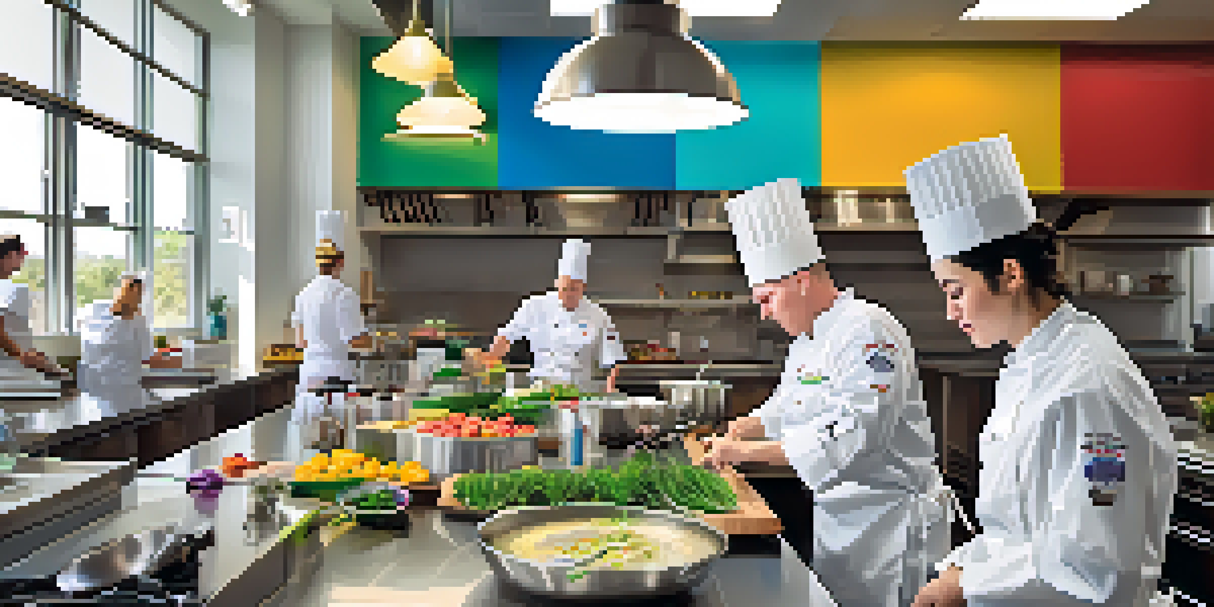 A lively cooking classroom in Austin with students in chef uniforms working together, surrounded by colorful ingredients and bright kitchen equipment.