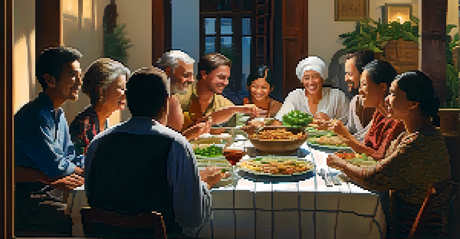 A diverse group of individuals sharing a meal together, smiling and conversing around a table with traditional dishes.