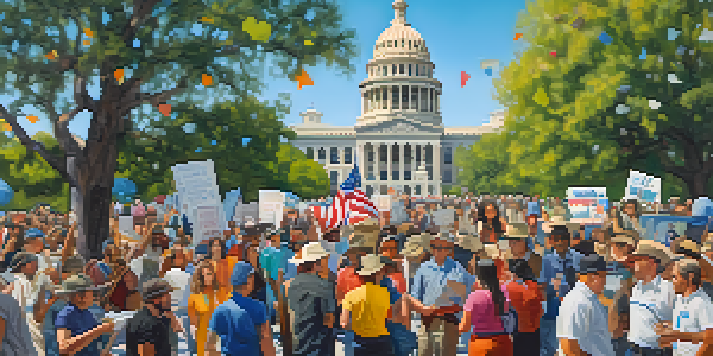 A lively political rally in Austin with diverse attendees, signs, and the Texas State Capitol in the background.