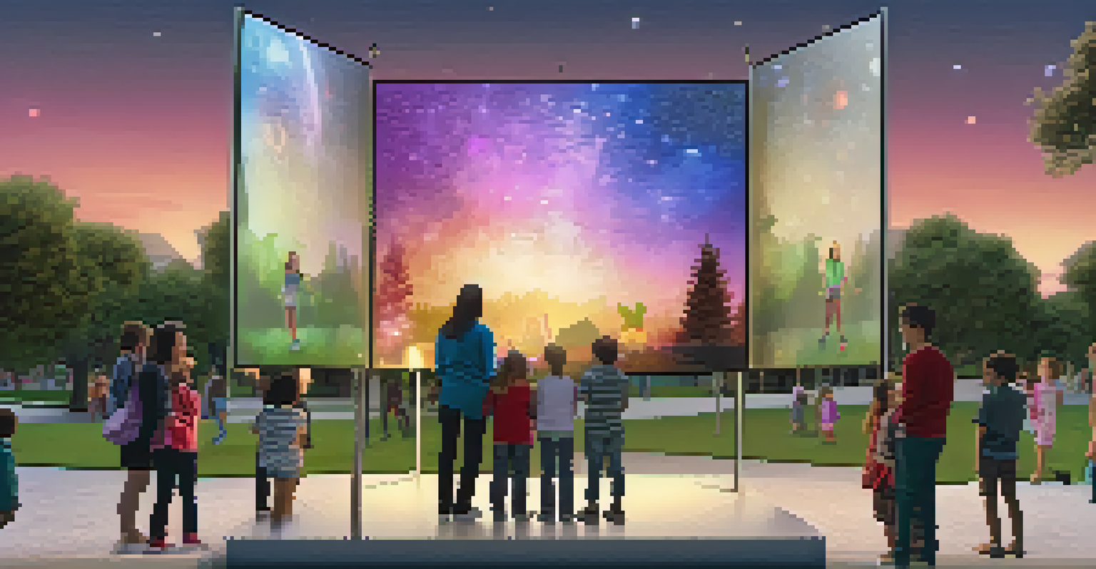 An interactive digital art installation in a park at twilight, with illuminated screens and people engaging with the art.