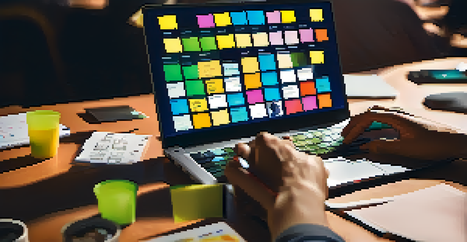 Close-up of hands on a laptop during a hackathon, with code on the screen and colorful notes around.