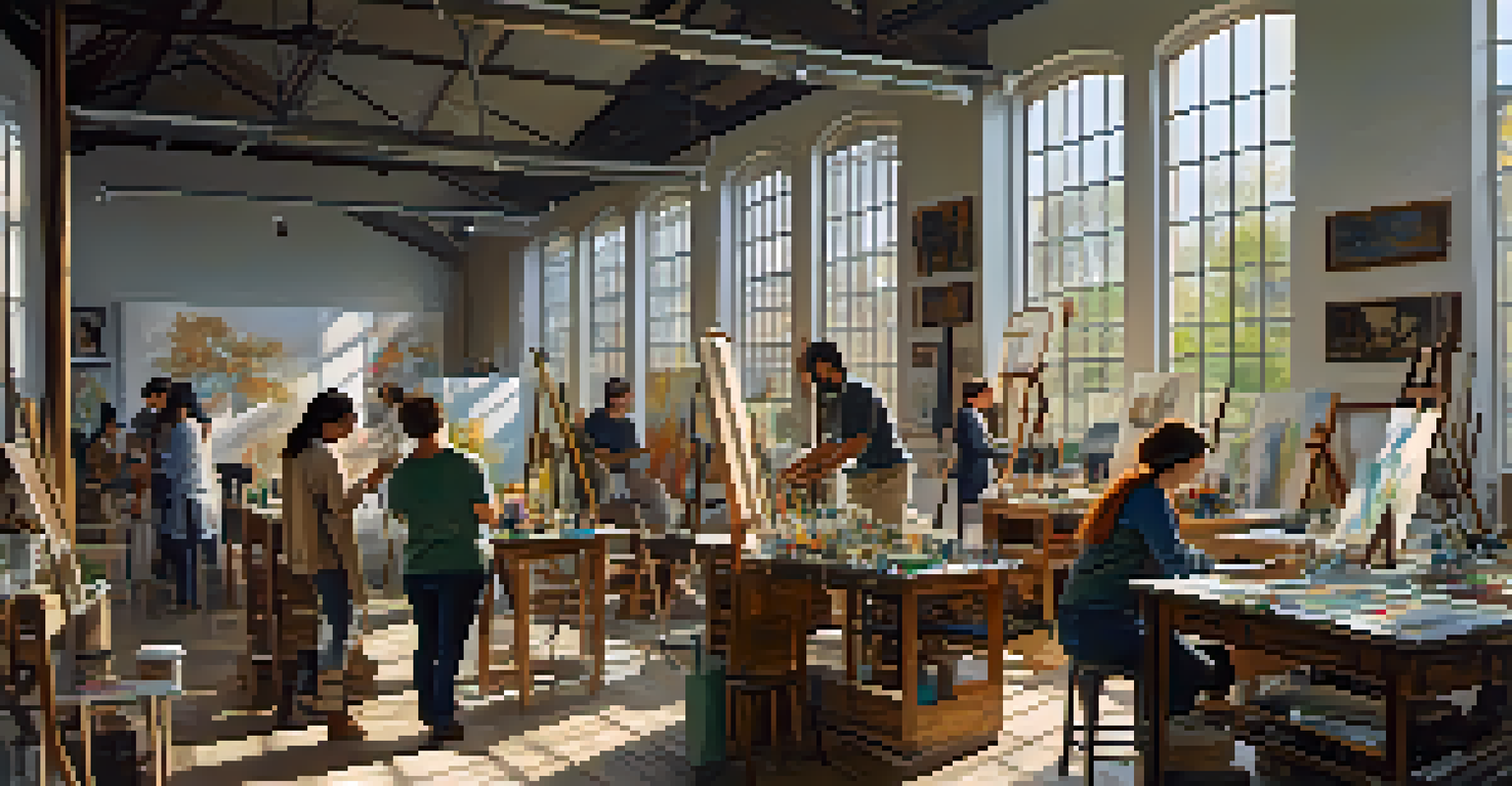 A vibrant workshop with diverse artists working on projects, surrounded by natural light, easels, and various art supplies.