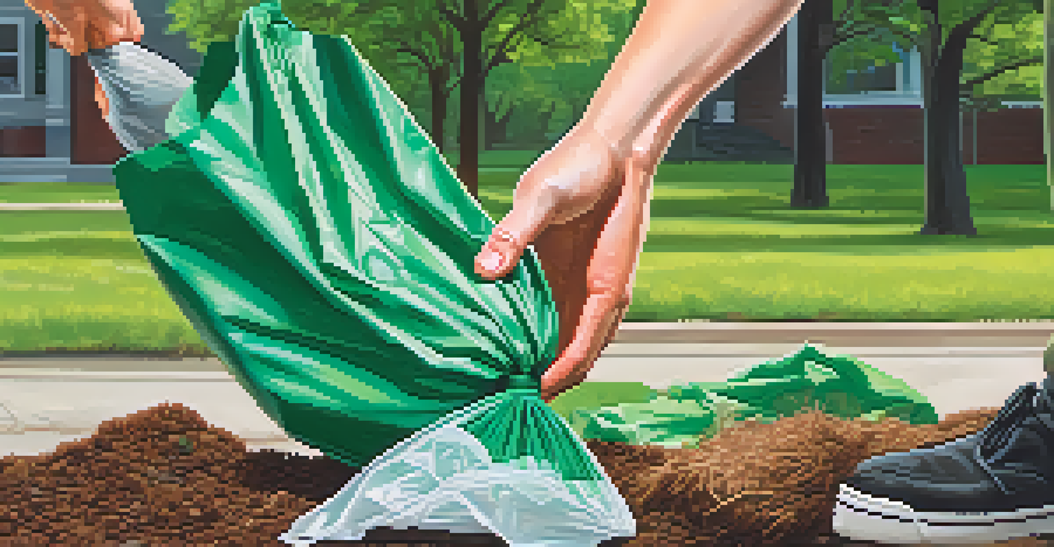 Close-up of hands collecting litter during a neighborhood clean-up event, with a green park and volunteers in the background.