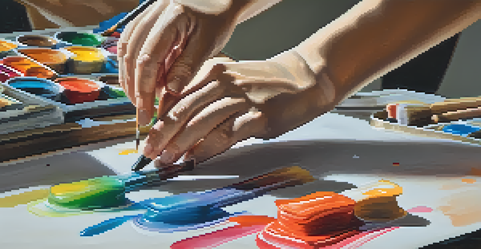 Close-up of an artist's hands painting on a canvas in a shared studio, with vibrant colors and art supplies around.