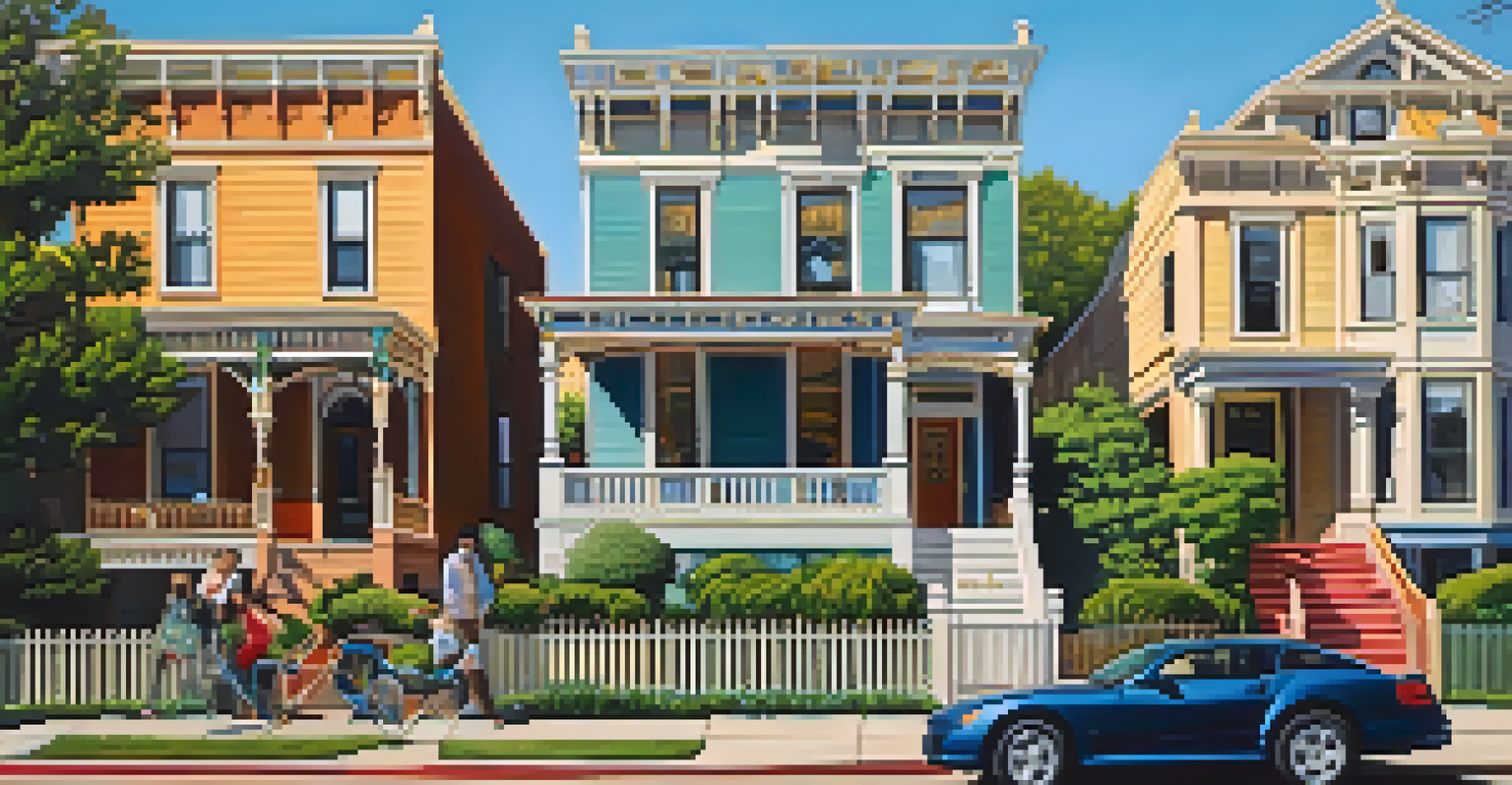 A sunny neighborhood in Austin showcasing a mix of Victorian and modern architecture, with families enjoying their porches and blooming gardens.