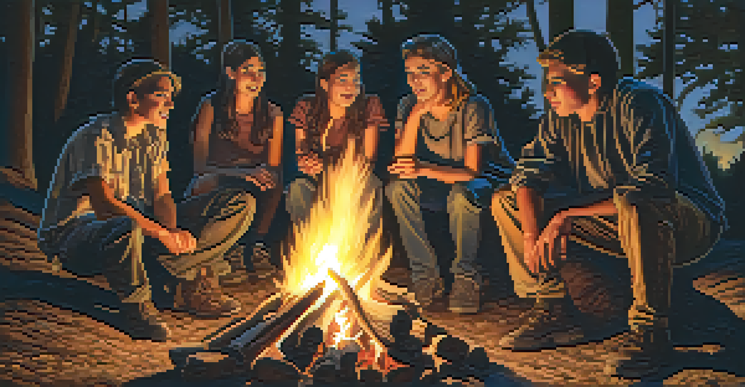 A group of teenagers sitting around a campfire at night, looking excited and scared while sharing stories about the Donkey Lady in a dark forest.