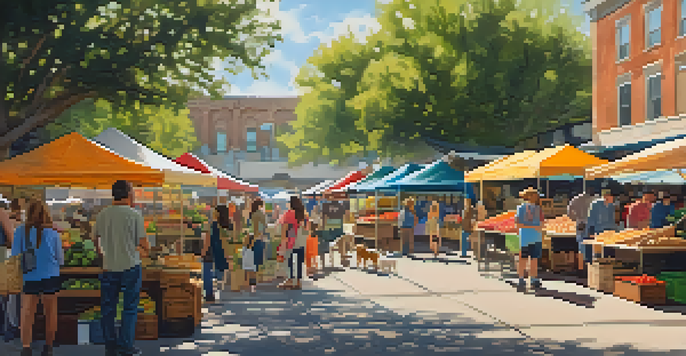 A busy outdoor farmers' market in Austin with stalls of fresh produce and handmade goods, dogs walking alongside their owners in a sunny atmosphere.