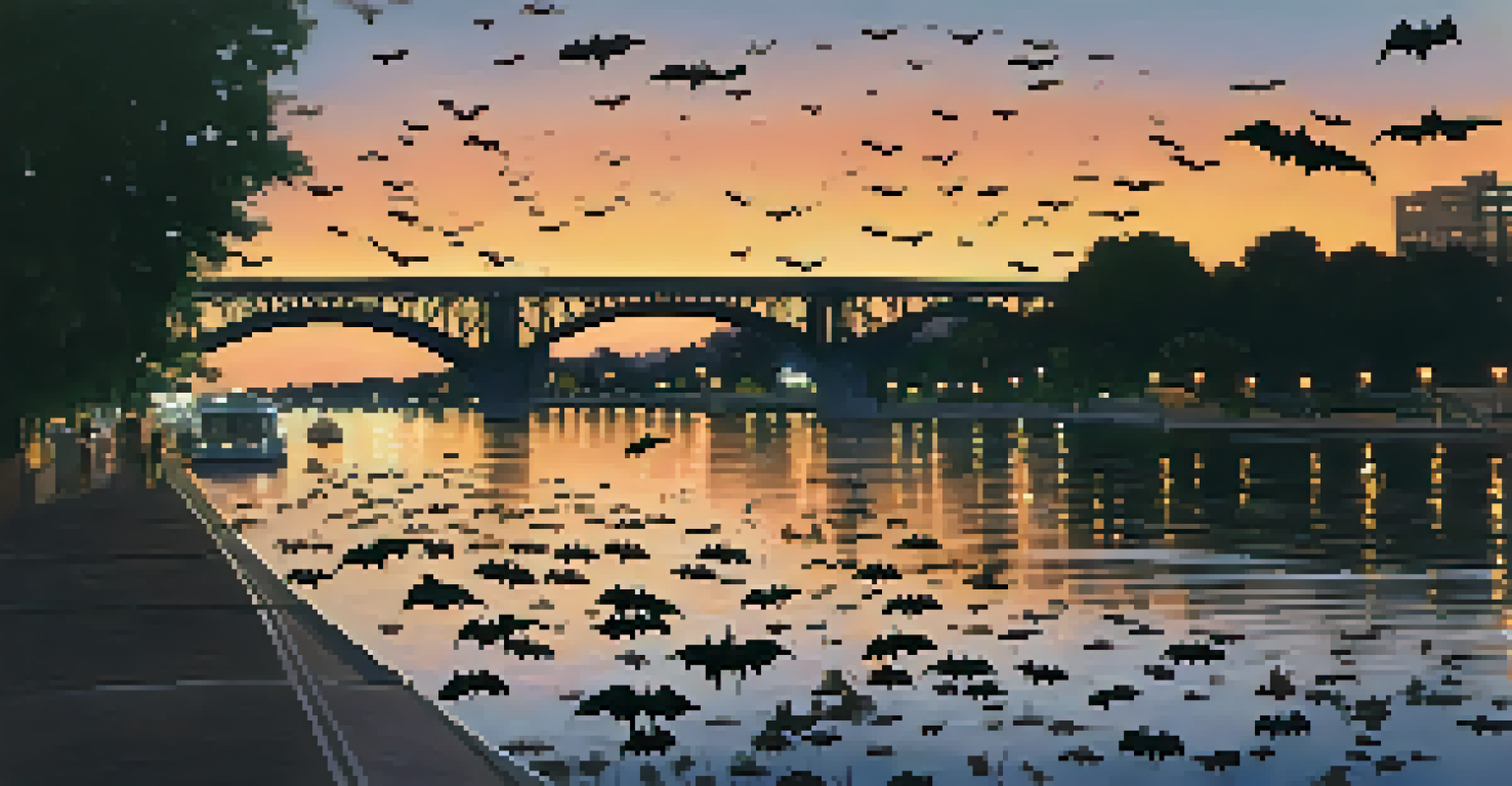 A summer evening at Congress Avenue Bridge in Austin, showcasing a silhouette of bats emerging into the sky at sunset, with reflections in the river and fireflies in the air.